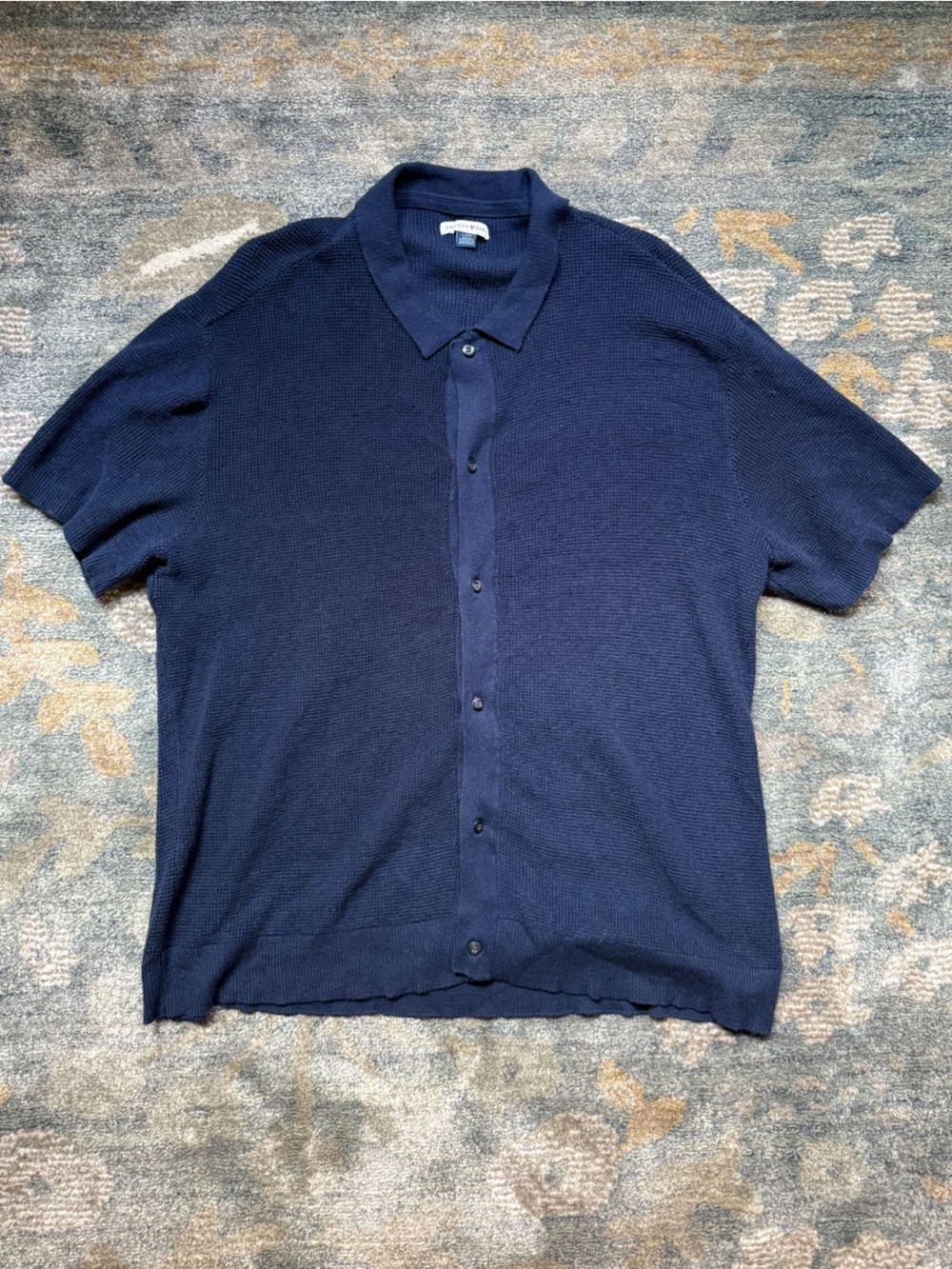 American Eagle Waffle Knit Navy Short-Sleeve Button-Up Polo